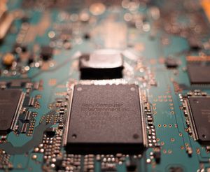 A close-up of a chip that says, "Sony Computer Entertainment"